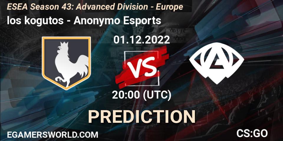 Pronósticos los kogutos - Anonymo Esports. 01.12.2022 at 20:00. ESEA Season 43: Advanced Division - Europe - Counter-Strike (CS2)