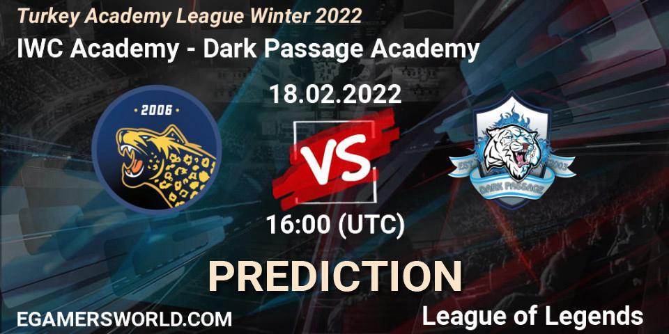 Pronósticos IWC Academy - Dark Passage Academy. 18.02.2022 at 16:00. Turkey Academy League Winter 2022 - LoL