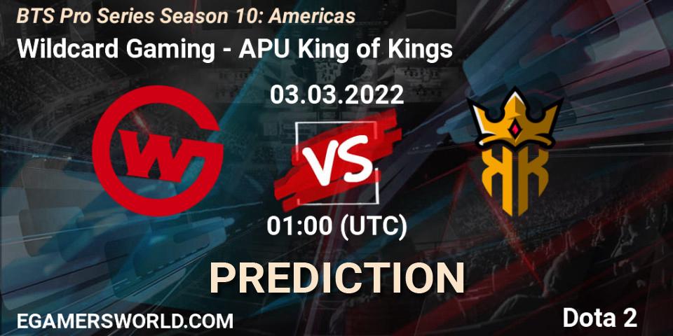 Pronósticos Wildcard Gaming - APU King of Kings. 02.03.2022 at 23:45. BTS Pro Series Season 10: Americas - Dota 2