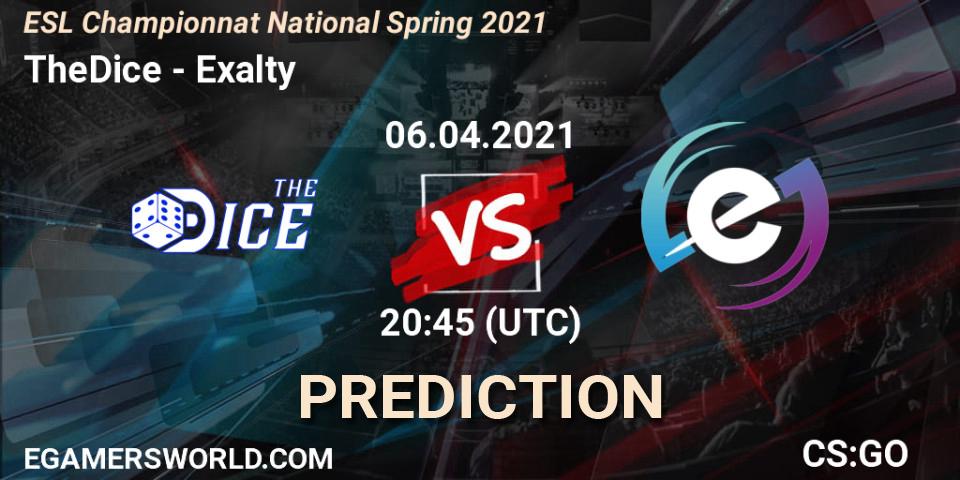 Pronósticos TheDice - Exalty. 06.04.2021 at 19:45. ESL Championnat National Spring 2021 - Counter-Strike (CS2)