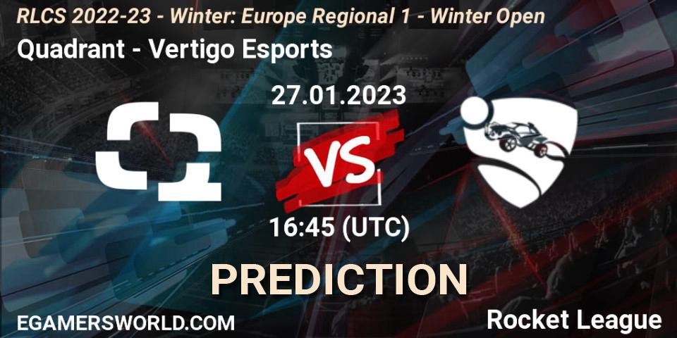 Pronósticos Quadrant - Vertigo Esports. 27.01.2023 at 16:45. RLCS 2022-23 - Winter: Europe Regional 1 - Winter Open - Rocket League