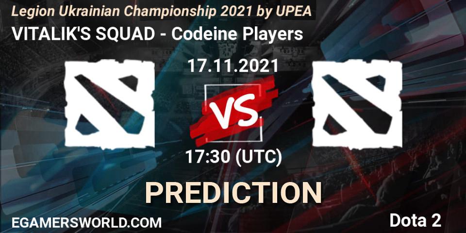 Pronósticos VITALIK'S SQUAD - Codeine Players. 17.11.2021 at 17:30. Legion Ukrainian Championship 2021 by UPEA - Dota 2