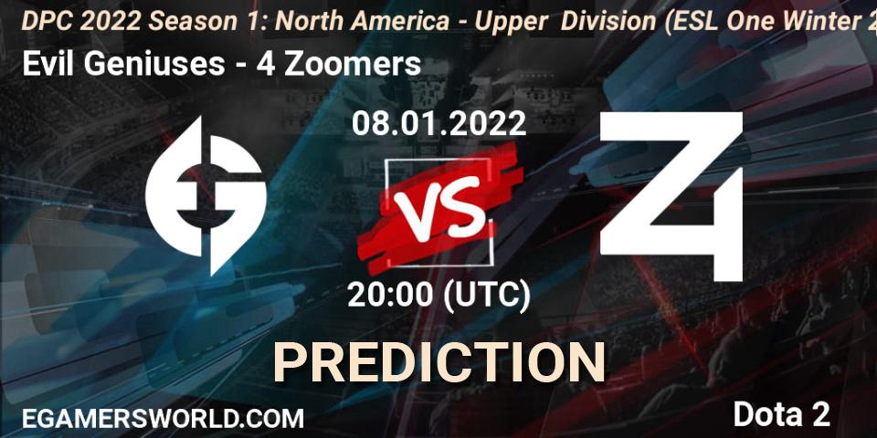 Pronósticos Evil Geniuses - 4 Zoomers. 08.01.2022 at 20:13. DPC 2022 Season 1: North America - Upper Division (ESL One Winter 2021) - Dota 2