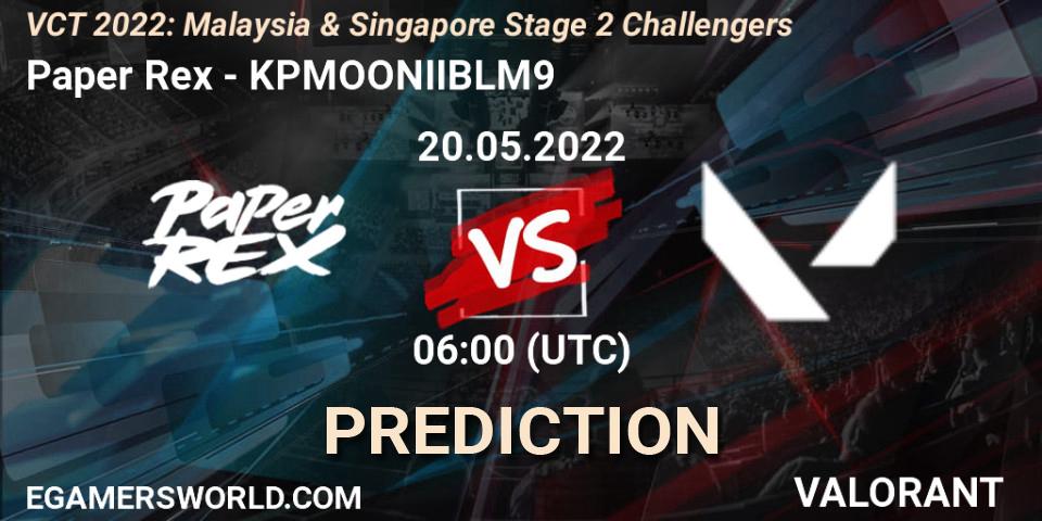 Pronósticos Paper Rex - KPMOONIIBLM9. 20.05.2022 at 06:00. VCT 2022: Malaysia & Singapore Stage 2 Challengers - VALORANT