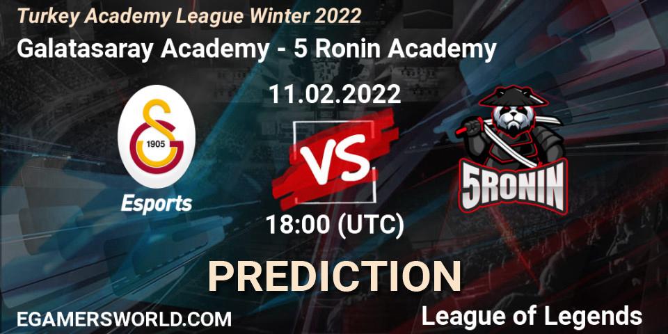 Pronósticos Galatasaray Academy - 5 Ronin Academy. 11.02.2022 at 18:15. Turkey Academy League Winter 2022 - LoL