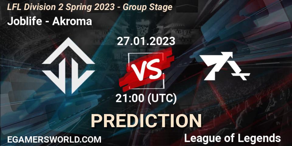 Pronósticos Joblife - Akroma. 27.01.2023 at 21:00. LFL Division 2 Spring 2023 - Group Stage - LoL
