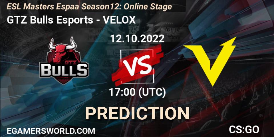 Pronósticos GTZ Bulls Esports - VELOX. 12.10.2022 at 17:00. ESL Masters España Season 12: Online Stage - Counter-Strike (CS2)