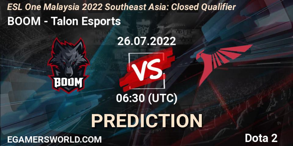 Pronósticos BOOM - Talon Esports. 26.07.2022 at 07:05. ESL One Malaysia 2022 Southeast Asia: Closed Qualifier - Dota 2