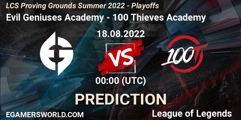 Pronósticos Evil Geniuses Academy - 100 Thieves Academy. 18.08.2022 at 00:00. LCS Proving Grounds Summer 2022 - Playoffs - LoL