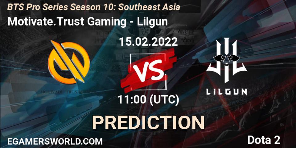 Pronósticos Motivate.Trust Gaming - Lilgun. 15.02.2022 at 11:15. BTS Pro Series Season 10: Southeast Asia - Dota 2