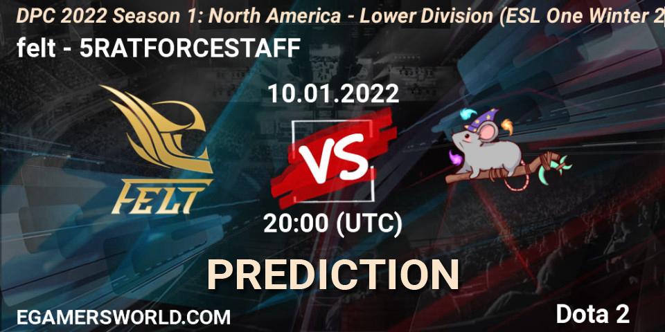 Pronósticos felt - 5RATFORCESTAFF. 10.01.2022 at 20:22. DPC 2022 Season 1: North America - Lower Division (ESL One Winter 2021) - Dota 2