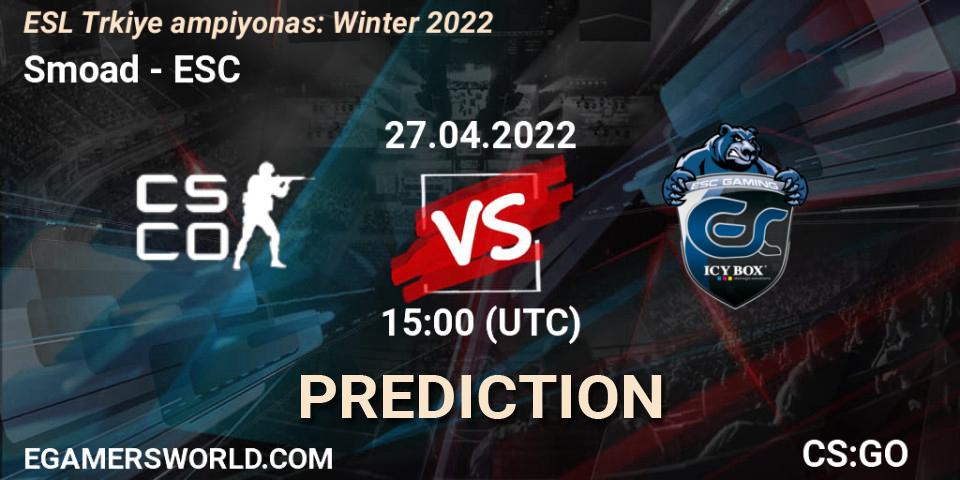 Pronósticos Smoad - ESC. 27.04.2022 at 15:00. ESL Türkiye Şampiyonası: Winter 2022 - Counter-Strike (CS2)