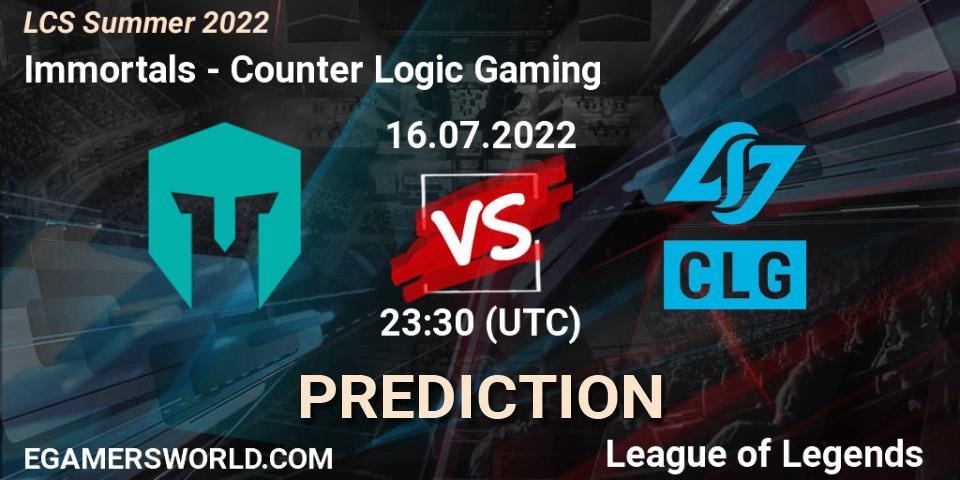 Pronósticos Immortals - Counter Logic Gaming. 16.07.2022 at 23:30. LCS Summer 2022 - LoL