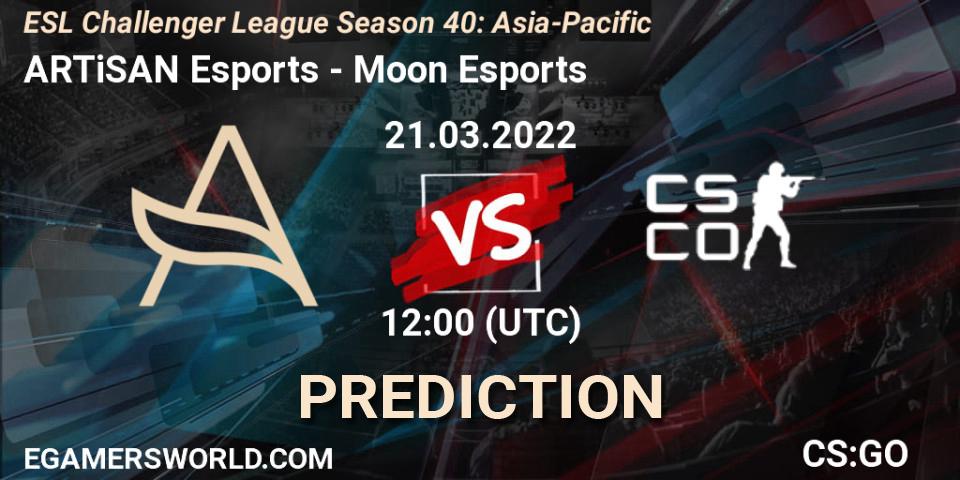 Pronósticos ARTiSAN Esports - Moon Esports. 21.03.2022 at 12:00. ESL Challenger League Season 40: Asia-Pacific - Counter-Strike (CS2)