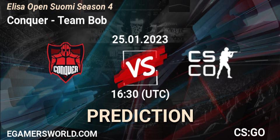 Pronósticos Conquer - Team Bob. 25.01.2023 at 16:30. Elisa Open Suomi Season 4 - Counter-Strike (CS2)