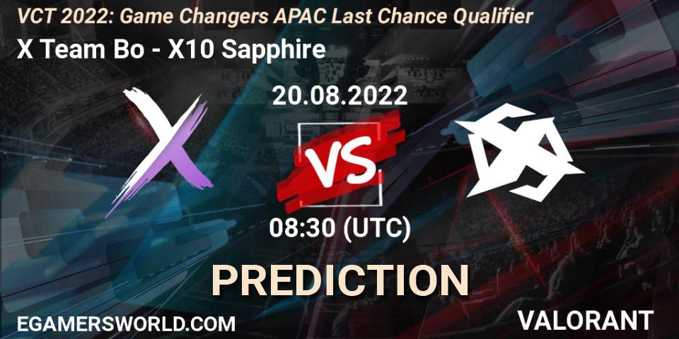 Pronósticos X Team Bo - X10 Sapphire. 20.08.2022 at 08:30. VCT 2022: Game Changers APAC Last Chance Qualifier - VALORANT