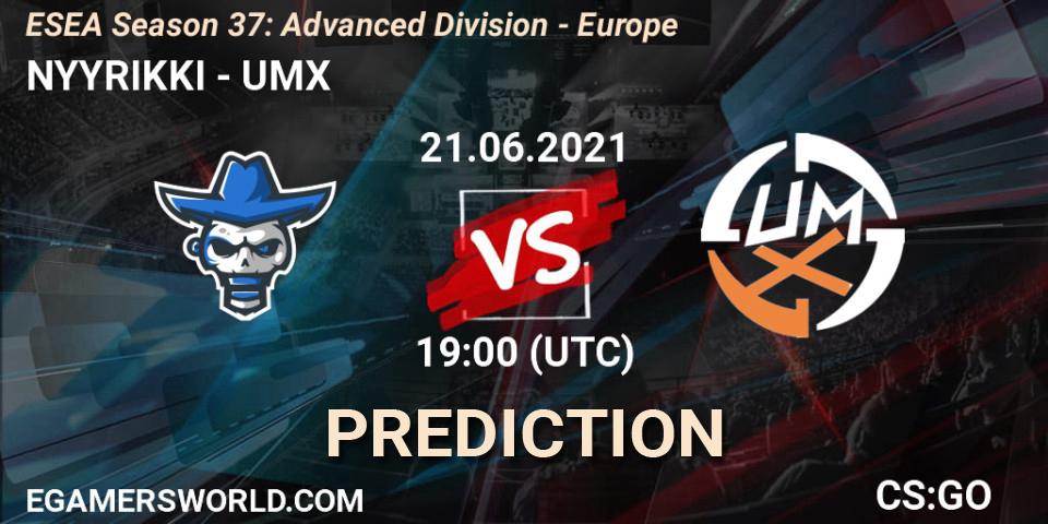 Pronósticos NYYRIKKI - UMX. 21.06.2021 at 19:00. ESEA Season 37: Advanced Division - Europe - Counter-Strike (CS2)