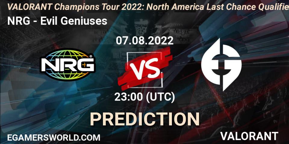 Pronósticos NRG - Evil Geniuses. 07.08.22. VCT 2022: North America Last Chance Qualifier - VALORANT