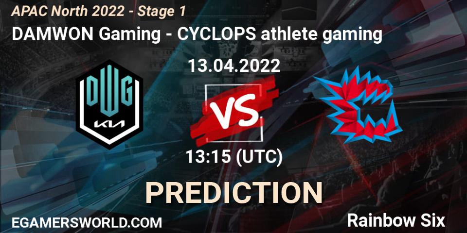 Pronósticos DAMWON Gaming - CYCLOPS athlete gaming. 13.04.2022 at 13:15. APAC North 2022 - Stage 1 - Rainbow Six