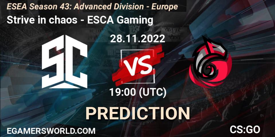 Pronósticos Strive in chaos - ESCA Gaming. 28.11.2022 at 19:00. ESEA Season 43: Advanced Division - Europe - Counter-Strike (CS2)