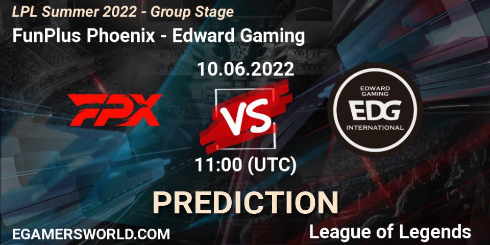 Pronósticos FunPlus Phoenix - Edward Gaming. 10.06.2022 at 11:45. LPL Summer 2022 - Group Stage - LoL