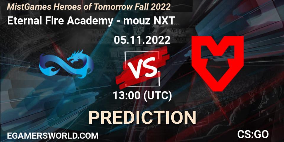 Pronósticos Eternal Fire Academy - mouz NXT. 05.11.2022 at 13:00. MistGames Heroes of Tomorrow Fall 2022 - Counter-Strike (CS2)