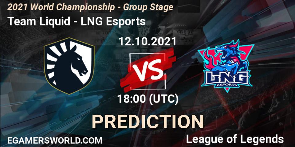 Pronósticos Team Liquid - LNG Esports. 12.10.2021 at 18:00. 2021 World Championship - Group Stage - LoL