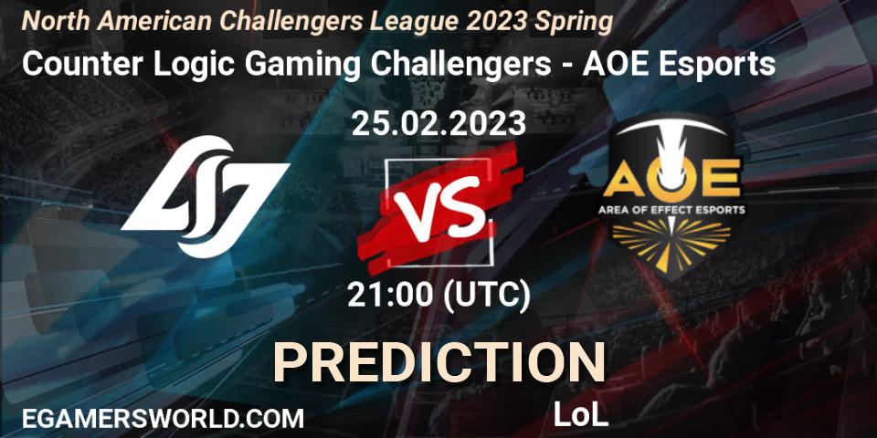 Pronósticos Counter Logic Gaming Challengers - AOE Esports. 25.02.23. NACL 2023 Spring - Group Stage - LoL