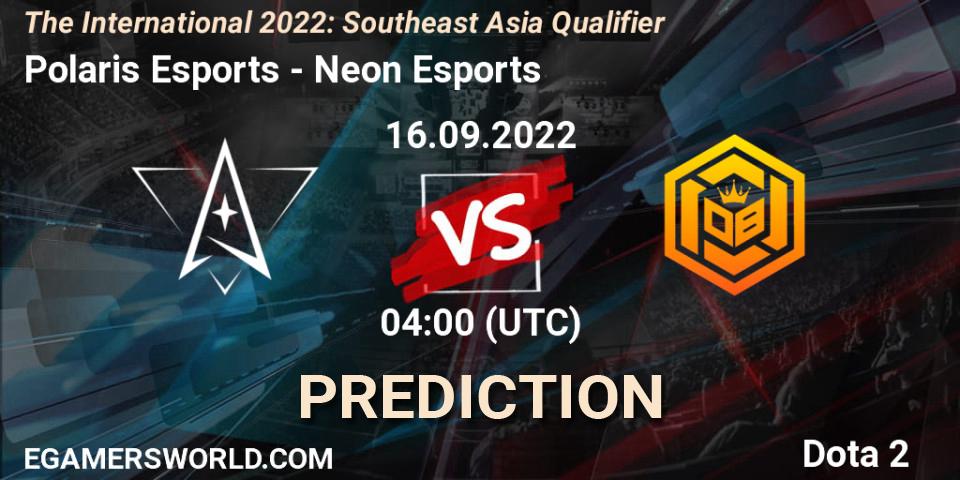 Pronósticos Polaris Esports - Neon Esports. 16.09.2022 at 04:03. The International 2022: Southeast Asia Qualifier - Dota 2