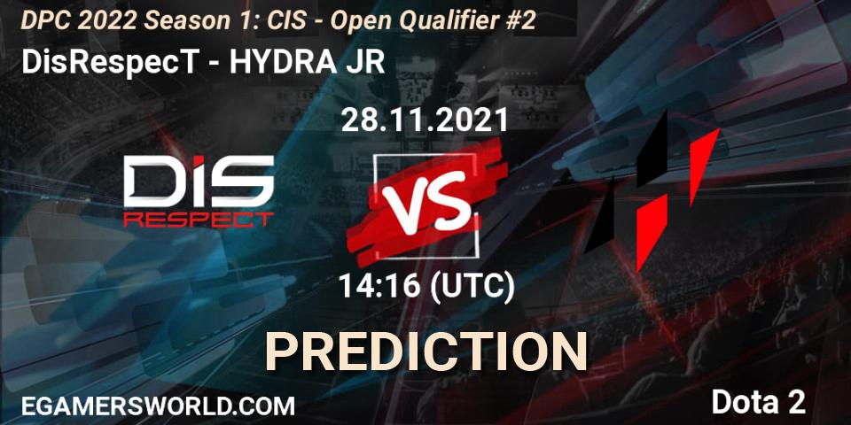 Pronósticos DisRespecT - HYDRA JR. 28.11.2021 at 14:16. DPC 2022 Season 1: CIS - Open Qualifier #2 - Dota 2