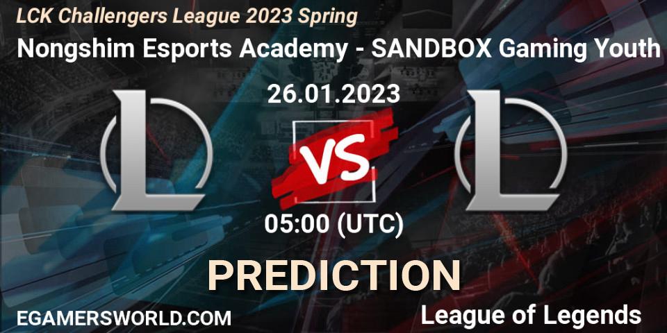 Pronósticos Nongshim Esports Academy - SANDBOX Gaming Youth. 26.01.2023 at 05:00. LCK Challengers League 2023 Spring - LoL