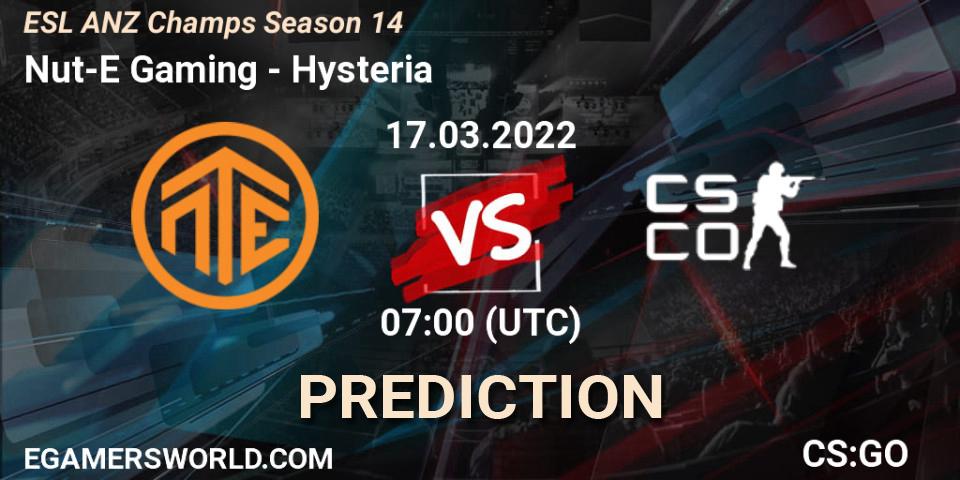 Pronósticos Nut-E Gaming - Hysteria. 17.03.2022 at 07:00. ESL ANZ Champs Season 14 - Counter-Strike (CS2)