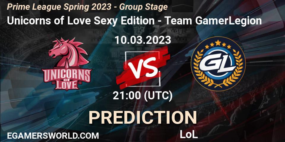 Pronósticos Unicorns of Love Sexy Edition - Team GamerLegion. 10.03.2023 at 20:00. Prime League Spring 2023 - Group Stage - LoL