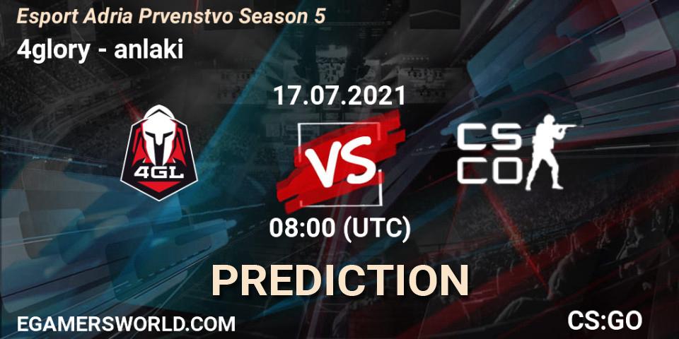 Pronósticos 4glory - anlaki. 17.07.2021 at 08:00. Esport Adria Prvenstvo Season 5 - Counter-Strike (CS2)