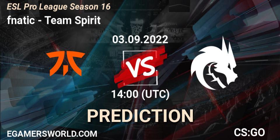 Pronósticos fnatic - Team Spirit. 03.09.2022 at 14:00. ESL Pro League Season 16 - Counter-Strike (CS2)