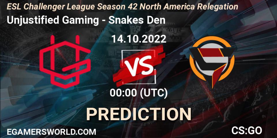 Pronósticos Unjustified Gaming - Snakes Den. 14.10.2022 at 00:00. ESL Challenger League Season 42 North America Relegation - Counter-Strike (CS2)