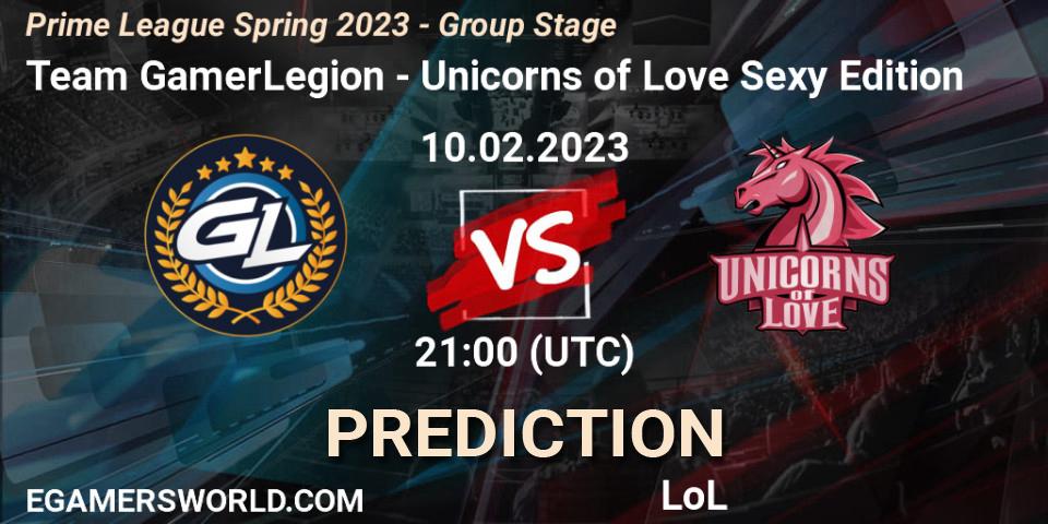Pronósticos Team GamerLegion - Unicorns of Love Sexy Edition. 10.02.2023 at 17:00. Prime League Spring 2023 - Group Stage - LoL
