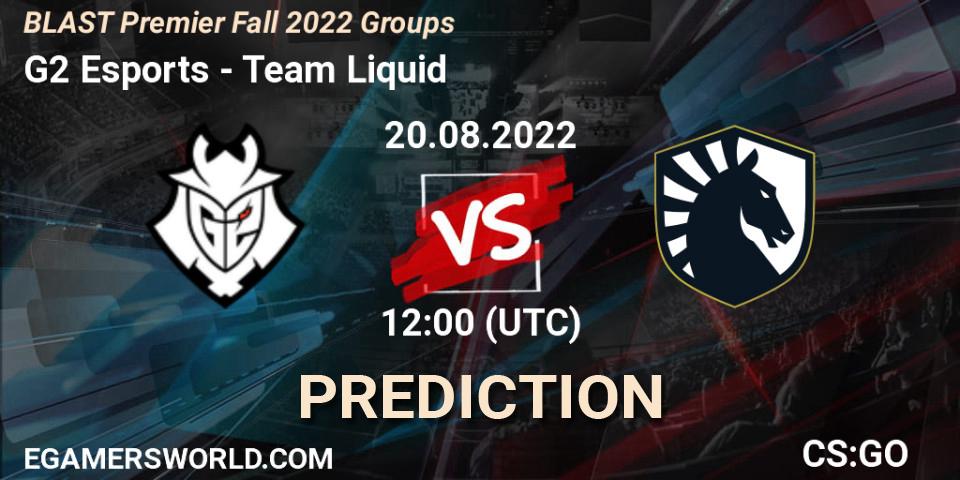 Pronósticos G2 Esports - Team Liquid. 20.08.2022 at 12:15. BLAST Premier Fall 2022 Groups - Counter-Strike (CS2)