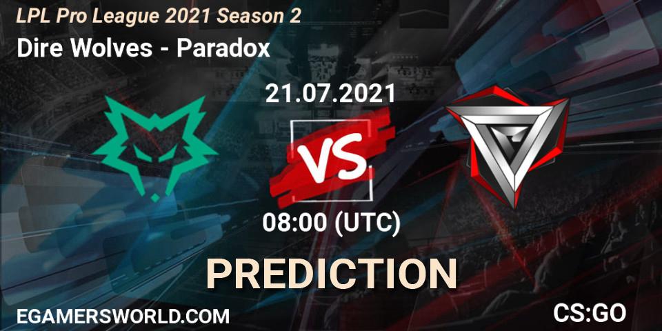 Pronósticos Dire Wolves - Paradox. 21.07.2021 at 08:00. LPL Pro League 2021 Season 2 - Counter-Strike (CS2)
