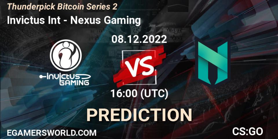 Pronósticos Invictus Int - Nexus Gaming. 08.12.22. Thunderpick Bitcoin Series 2 - CS2 (CS:GO)