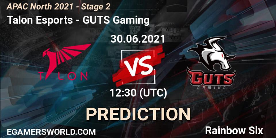 Pronósticos Talon Esports - GUTS Gaming. 30.06.2021 at 12:30. APAC North 2021 - Stage 2 - Rainbow Six