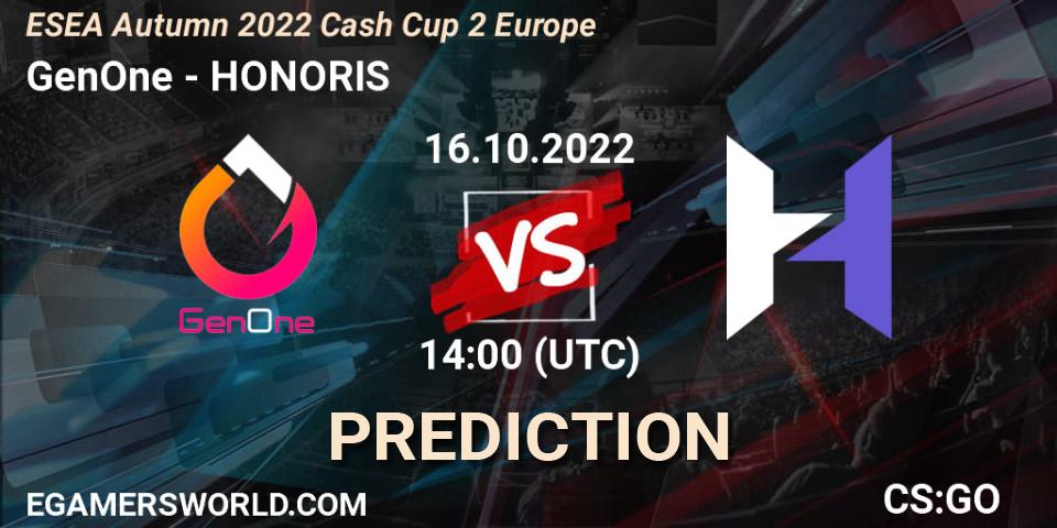 Pronósticos GenOne - HONORIS. 16.10.2022 at 14:00. ESEA Autumn 2022 Cash Cup 2 Europe - Counter-Strike (CS2)