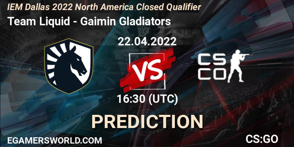 Pronósticos Team Liquid - Gaimin Gladiators. 22.04.2022 at 16:30. IEM Dallas 2022 North America Closed Qualifier - Counter-Strike (CS2)