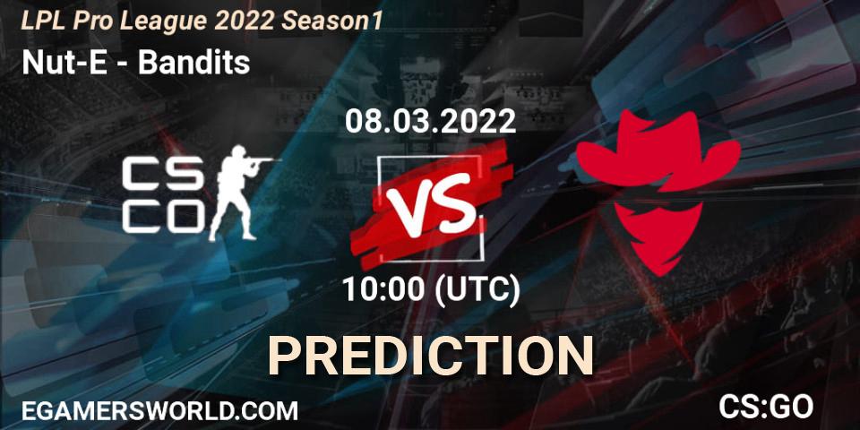 Pronósticos Nut-E Gaming - Bandits. 09.03.2022 at 10:00. LPL Pro League 2022 Season 1 - Counter-Strike (CS2)