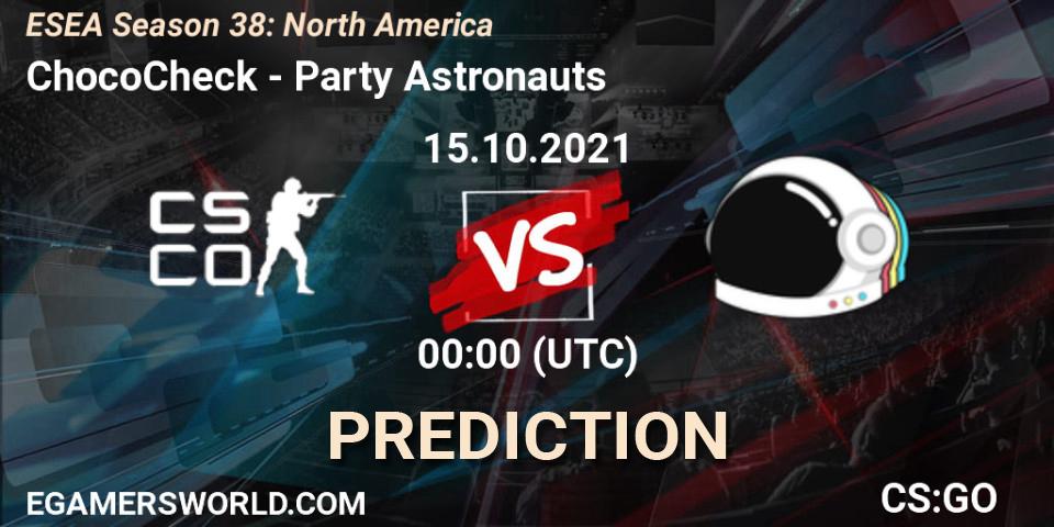 Pronósticos ChocoCheck - Party Astronauts. 15.10.2021 at 00:00. ESEA Season 38: North America - Counter-Strike (CS2)