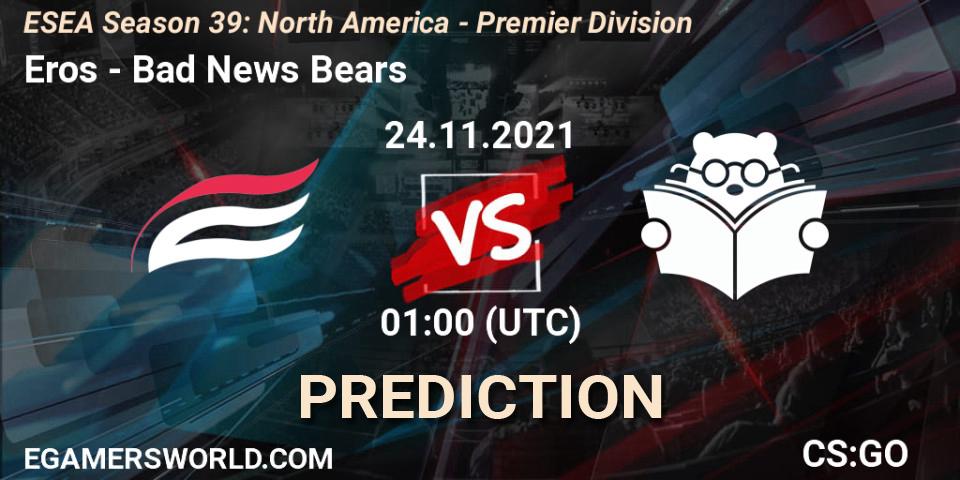 Pronósticos Eros - Bad News Bears. 24.11.2021 at 01:00. ESEA Season 39: North America - Premier Division - Counter-Strike (CS2)