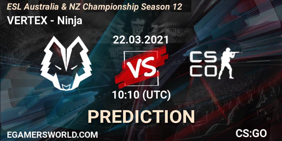 Pronósticos VERTEX - Ninja. 22.03.2021 at 10:55. ESL Australia & NZ Championship Season 12 - Counter-Strike (CS2)
