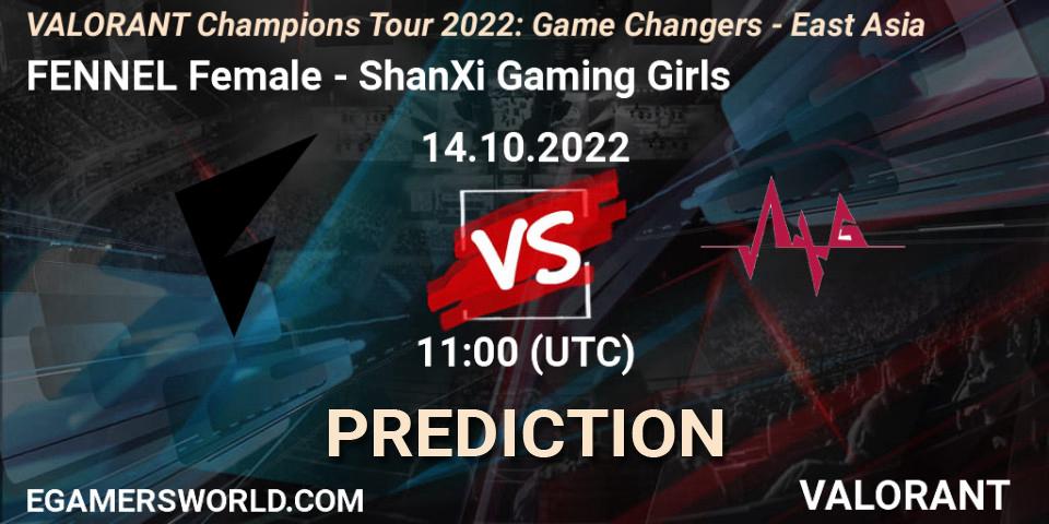 Pronósticos FENNEL Female - ShanXi Gaming Girls. 14.10.2022 at 12:30. VCT 2022: Game Changers - East Asia - VALORANT