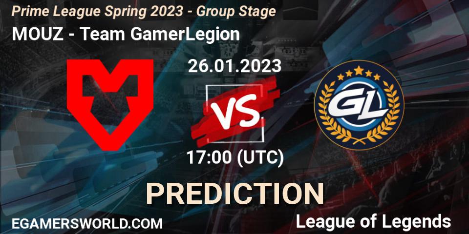 Pronósticos MOUZ - Team GamerLegion. 26.01.2023 at 20:00. Prime League Spring 2023 - Group Stage - LoL