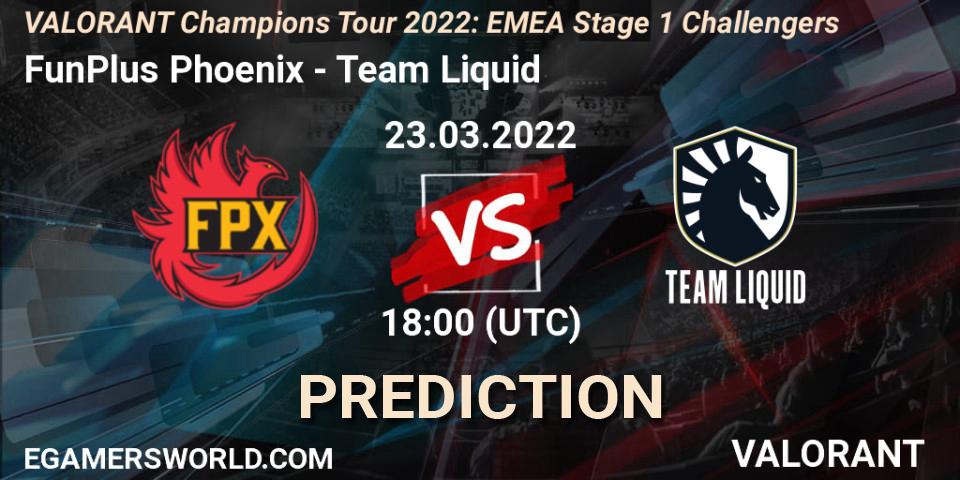 Pronósticos FunPlus Phoenix - Team Liquid. 23.03.2022 at 19:45. VCT 2022: EMEA Stage 1 Challengers - VALORANT